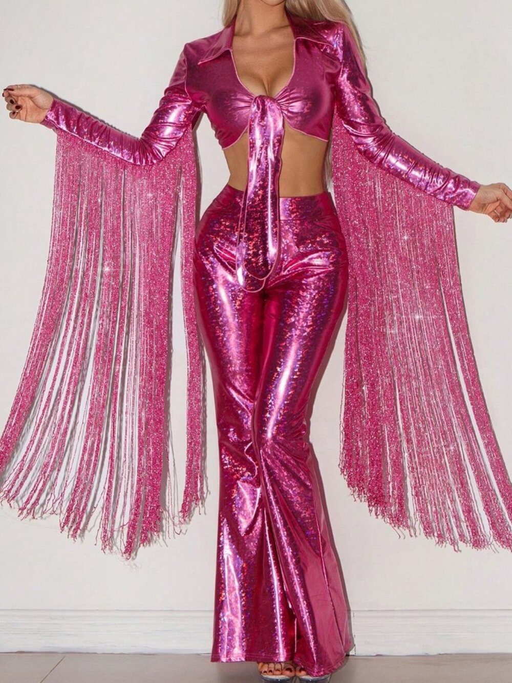 Pink Party Women's Long Tassel Crop Top & Skinny Flared High Waist Pants Set